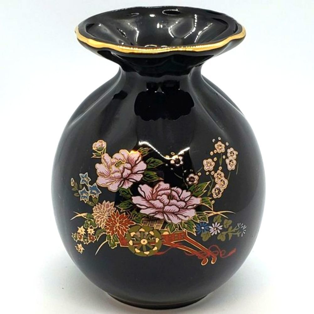 Vintage Japanese Black Porcelain Gold Trim Hand Painted Floral and Cart Vase